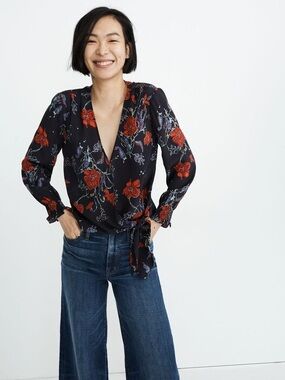Madewell Silk Smocked Sleeve Wrap Top Red Floral